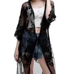 Black Suit Cover Up Lace Kimono Beach Wear
